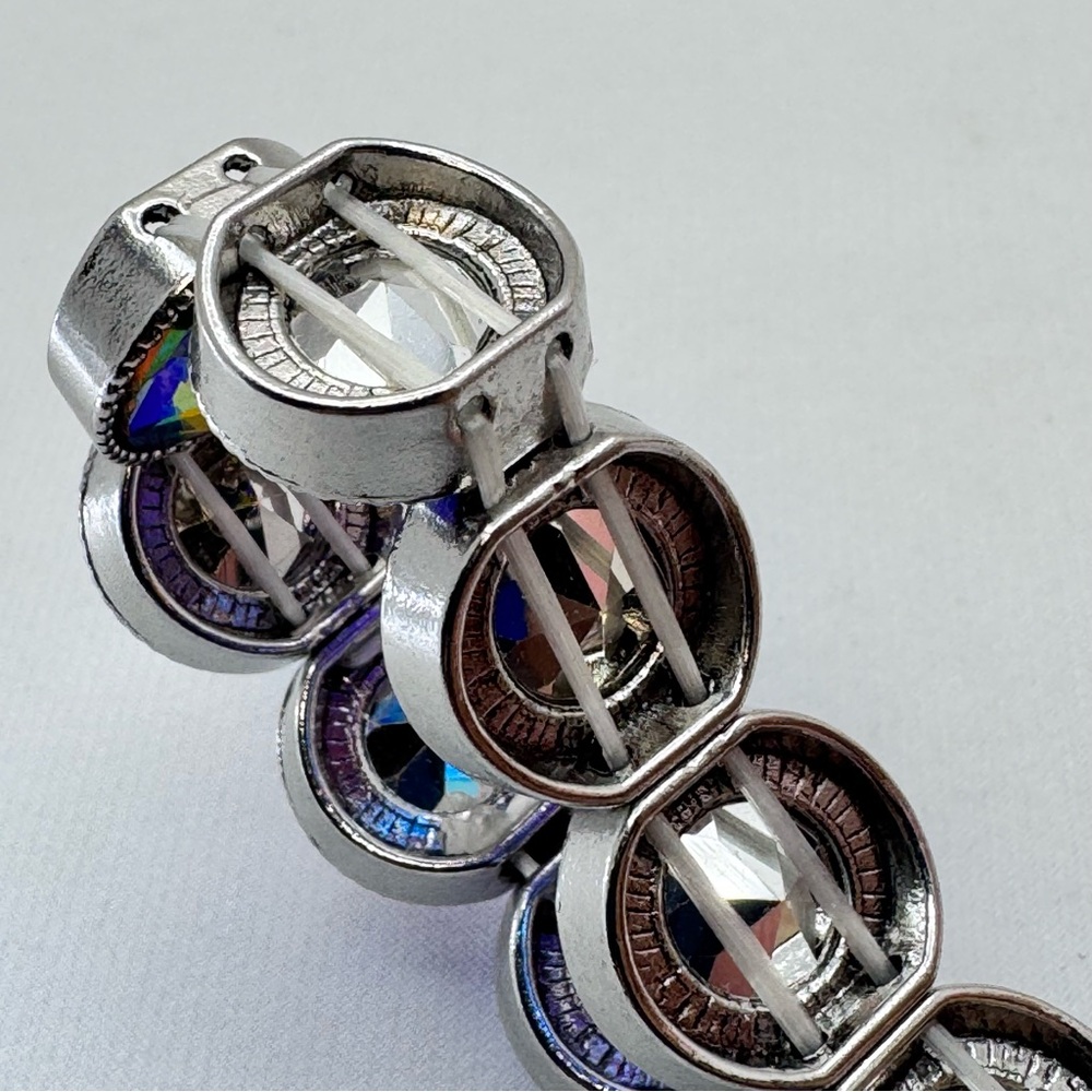 Silver Tone AB Crystal Stretch Bracelet Rainbow Faceted Statement Glam Stacking - Picture 8 of 8